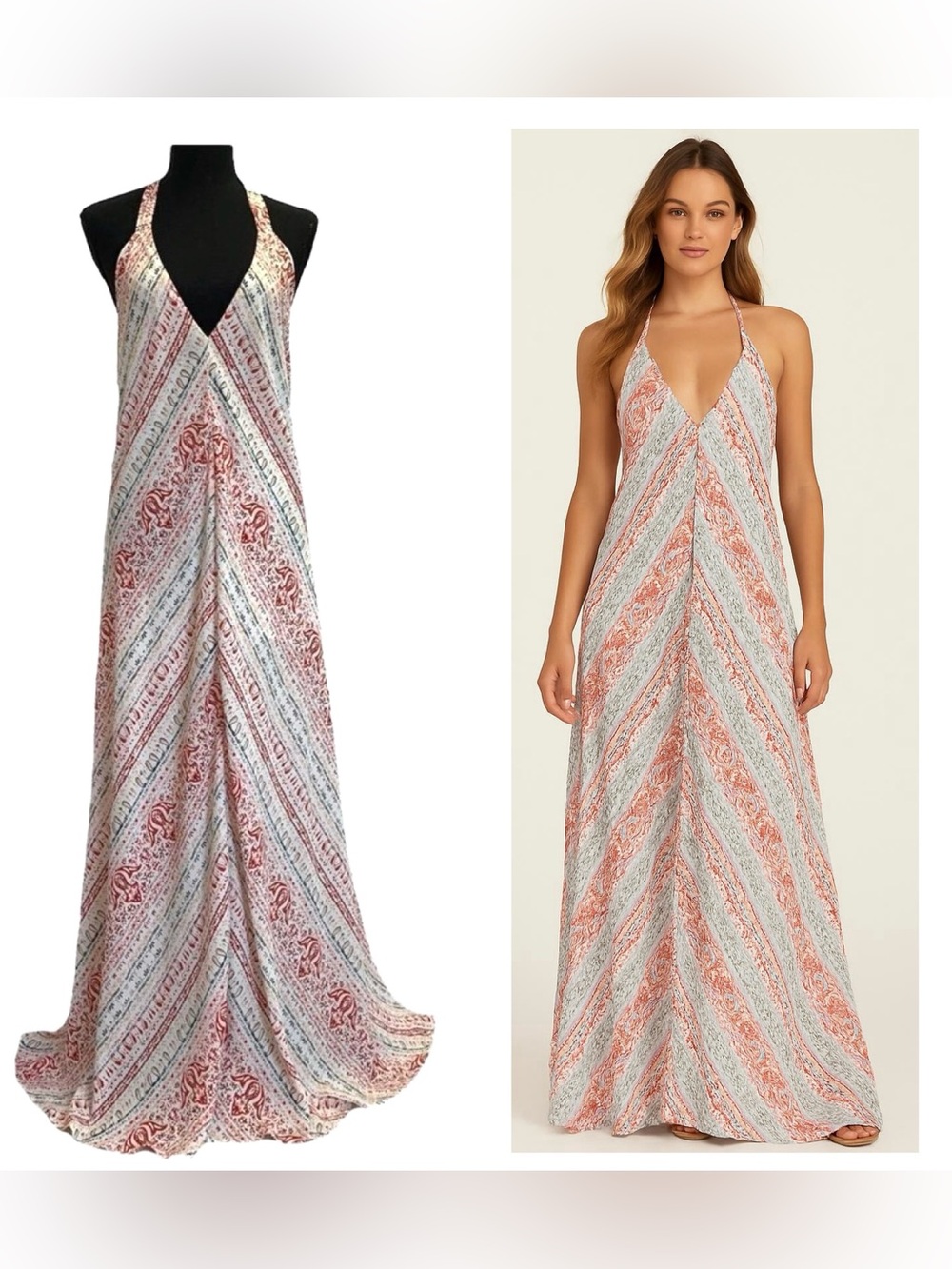 OLIVACEOUS White multicoloured halter low back maxi dress Sz S NWT